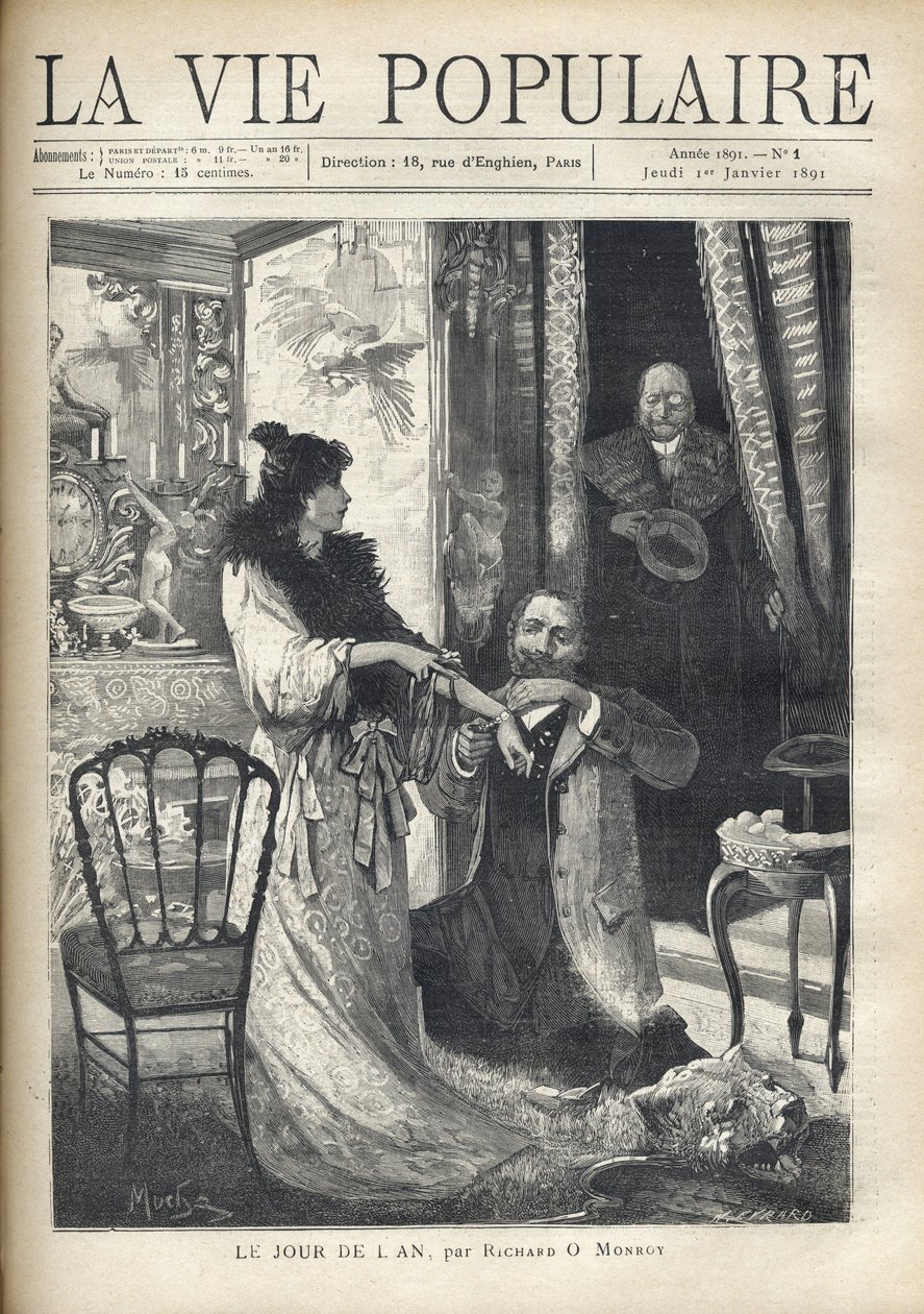 Een oude man verrast een galante scène: een man knielt voor een elegante vrouw en bevestigt een armband aan haar pols. Illustratie door Alfons Maria Mucha (Alphonse Marie Mucha) door Alphonse Mucha