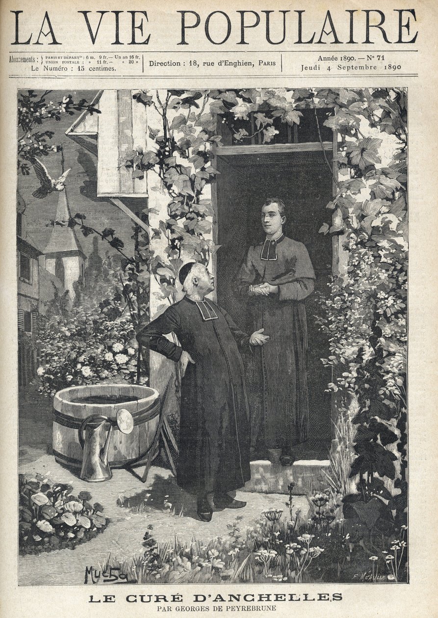 Bij de ingang van de pastorie wordt een behandeling gegeven aan een jongere persoon. De tuin is zeer bloeiend, uitgerust met een tank en een gieter, op de achtergrond is de kerktoren van het dorp te zien. Illustratie door Alfons Maria Mucha (Alphonse Marie door Alphonse Mucha