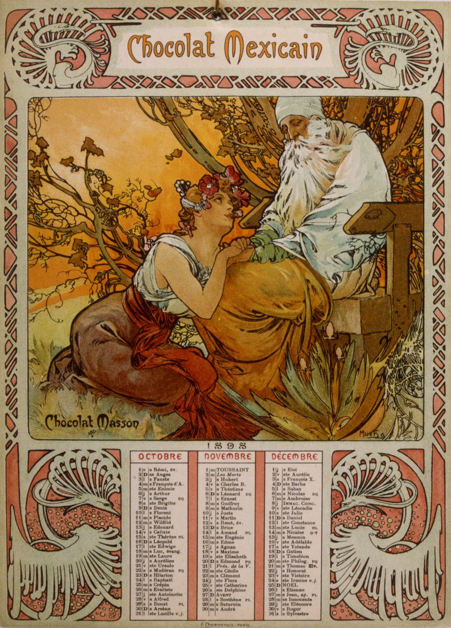 Chocolade Masson kalender geïllustreerd door Mucha (1860 – 1939). een Tsjechische Art Nouveau schilder door Alphonse Mucha