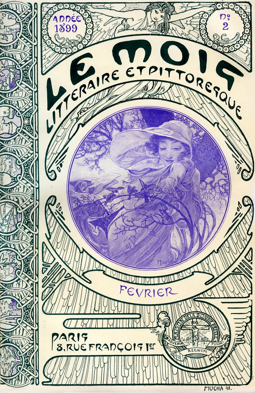Omslag van het tijdschrift (maandblad) Le Mois litteraire et picturesque door Alphonse Mucha (1860-1939): maand februari 1899 - Maison de la Bonne Presse - door Alphonse Mucha