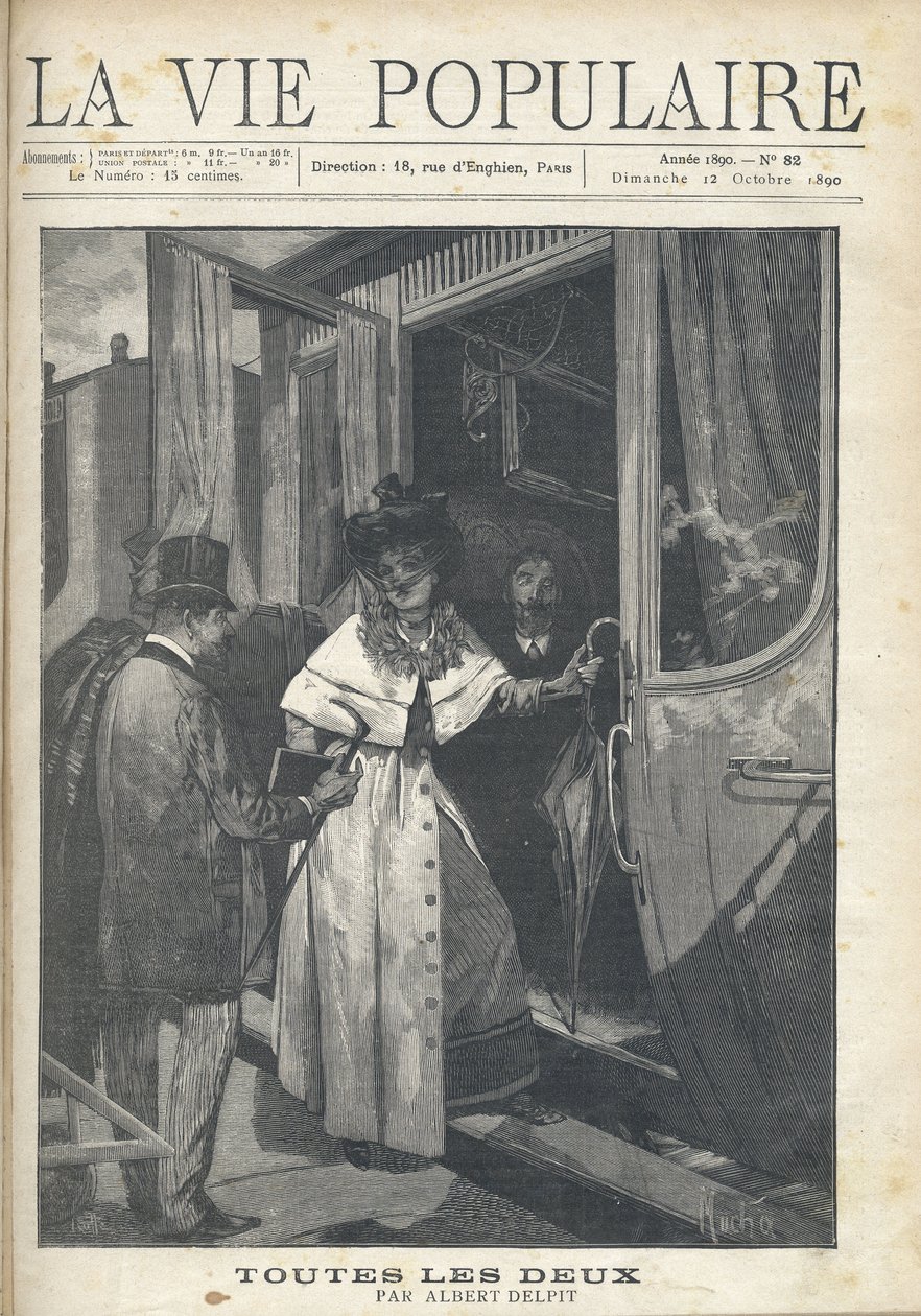 Afscheid tussen een man en een vrouw die op een trein stappen op het perron van een station. Illustratie door Alfons Maria Mucha (Alphonse Marie Mucha) door Alphonse Mucha