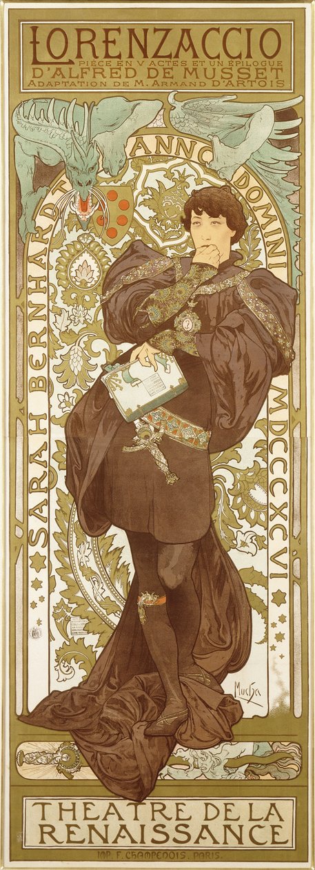 Lorenzaccio, met de staande figuur van Sarah Bernhardt in de rol, 1896 door Alphonse Mucha
