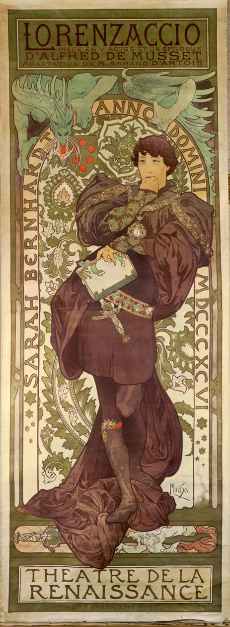 Lorenzaccio met actrice Sarah Bernhardt, toneelstuk van Alfred de Musset (poster) door Alphonse Marie Mucha