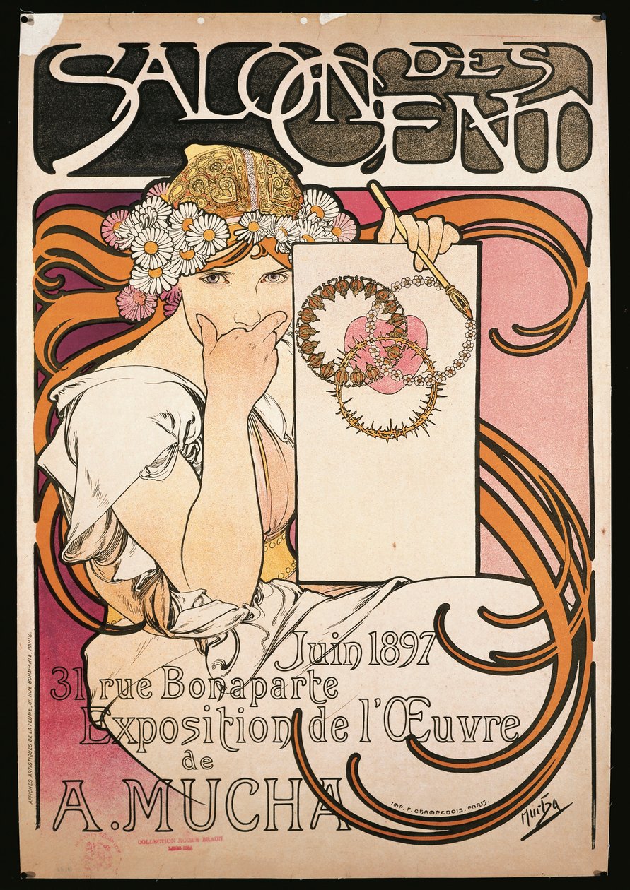 Poster die de tentoonstelling van A. Mucha adverteert in de Salon des Cent door Alphonse Marie Mucha