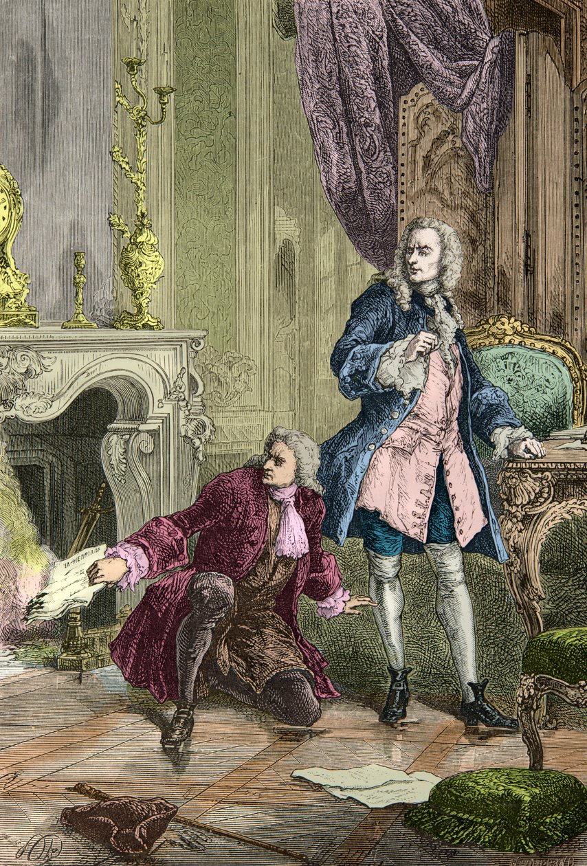 Charles Jean Francois Henault redt het manuscript van La Henriade dat Voltaire in het vuur had gegooid (Gravure) door Alphonse Marie de Neuville