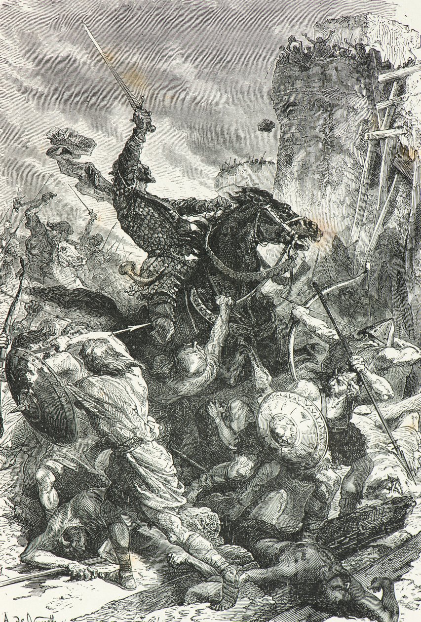 Graaf Eudes verdedigt Parijs tegen de invasie van Vikingen in 885 (gravure) door Alphonse Marie de Neuville