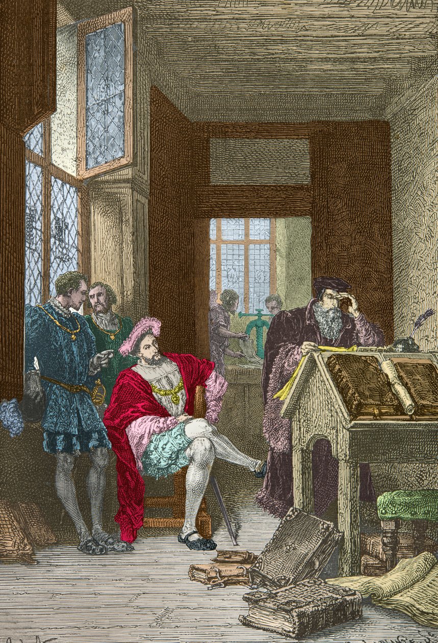 Francois 1er bezoekt de drukkerij van Robert Estienne (Gravure) door Alphonse Marie de Neuville