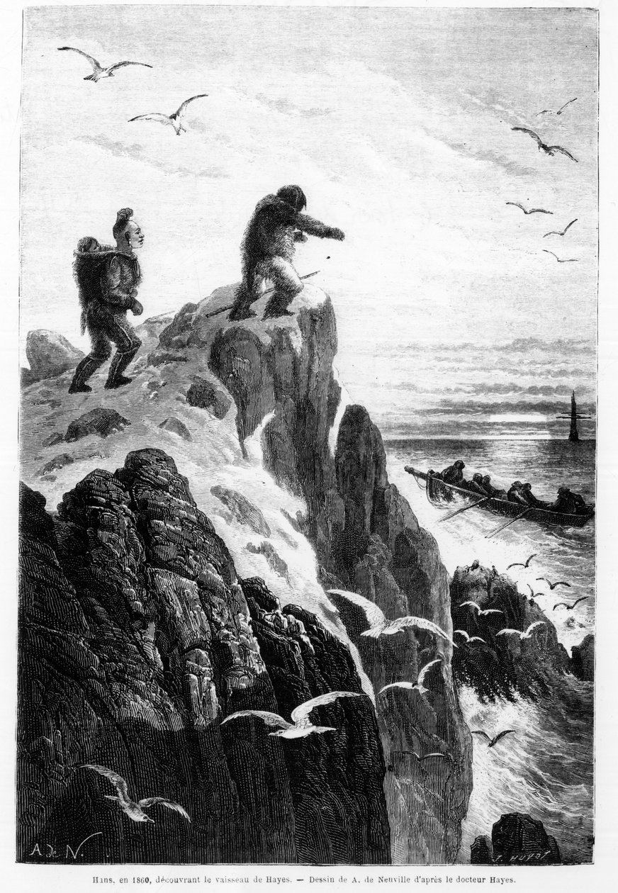 Hans in 1860, ontdekt het schip van Hayes - tekening van Neuville door Dr. Hayes in 