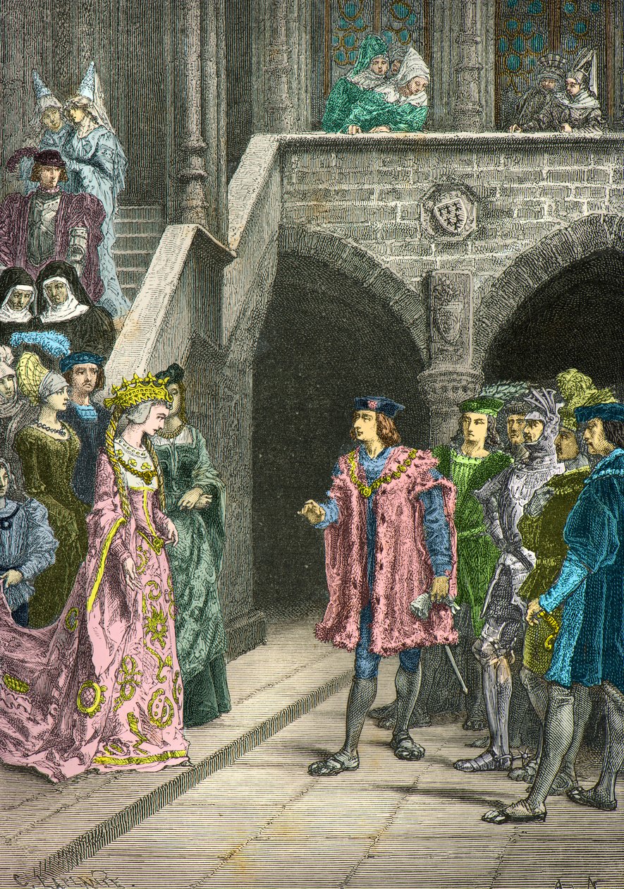 Gesprek tussen Anne de Bretagne en Karel 8 (gravure) door Alphonse Marie de Neuville