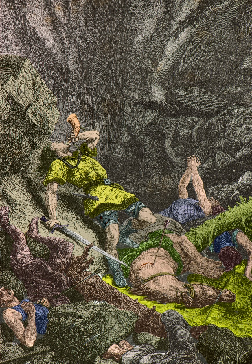 De ridder Roland blaast op zijn hoorn bij Roncesvalles in 778 (gravure) door Alphonse Marie de Neuville