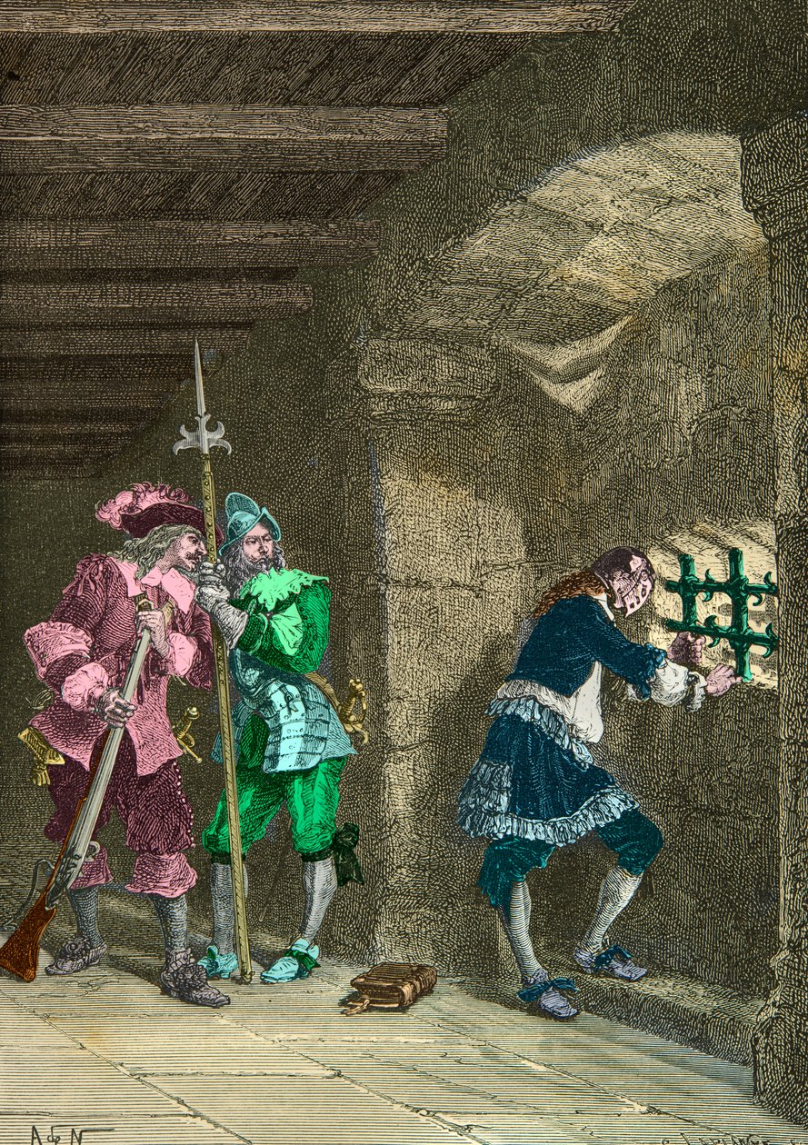 De man met het ijzeren masker in de gevangenis (Gravure) door Alphonse Marie de Neuville