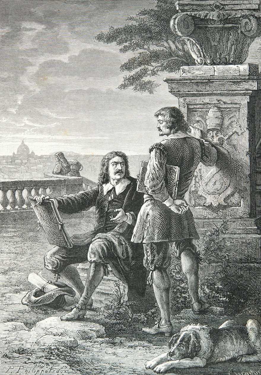 Portret van Nicolas Poussin en Claude Gellee dit Le Lorrain, in Rome (Gravure) door Alphonse Marie de Neuville