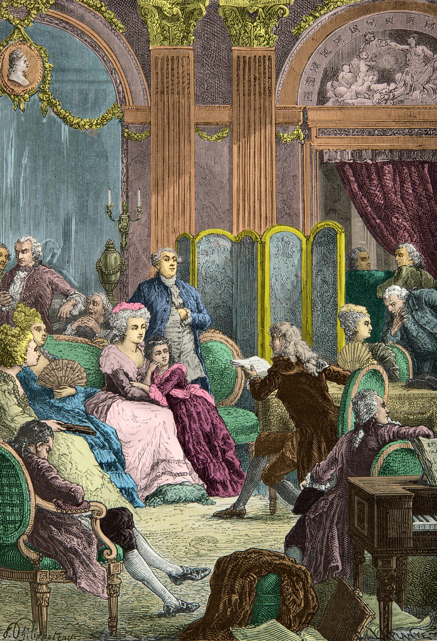 Lezing van Paul et Virginie door Bernardin de Saint Pierre in de salons van Madame Necker in Parijs (Gravure) door Alphonse Marie de Neuville