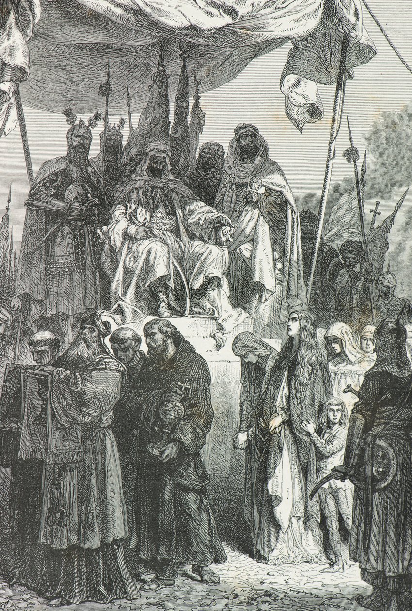 Saladin ziet de christenen Jeruzalem verlaten in 1187 (gravure) door Alphonse Marie de Neuville