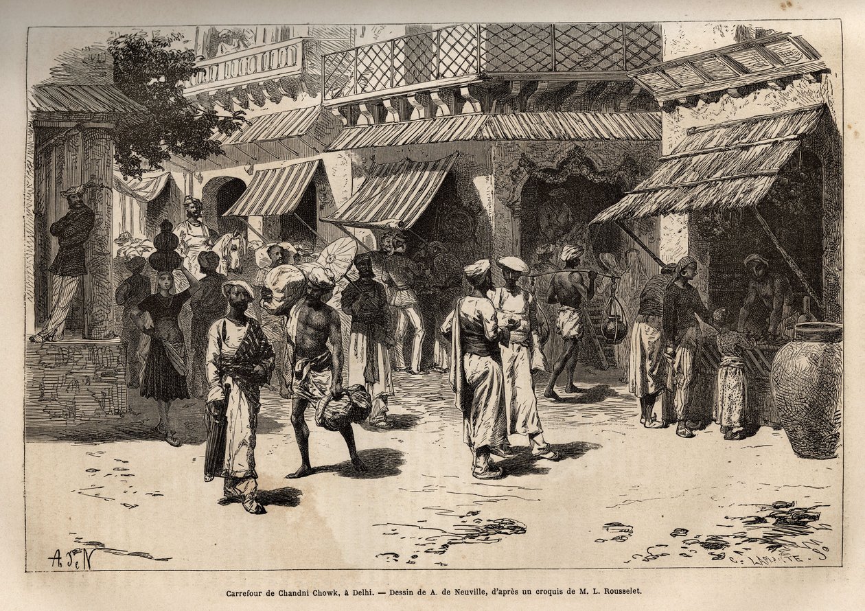 Het kruispunt van Chandni chowk, de straat van goudwormen, de belangrijkste verkeersader van commerciële en ambachtelijke activiteiten, die Dehli doorkruist van de grote poort van het paleis tot de poort van Lahore, gravure naar de tekening van A. de Neuvi door Alphonse Marie de Neuville