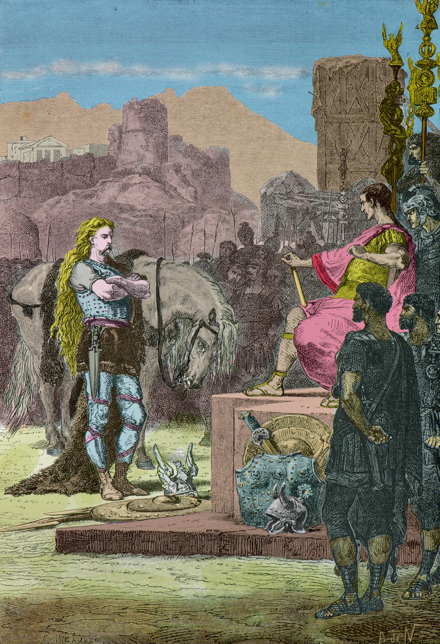 Vercingetorix geeft zich over aan Julius Caesar na de nederlaag bij Alesia in 52 voor Christus (Gravure) door Alphonse Marie de Neuville