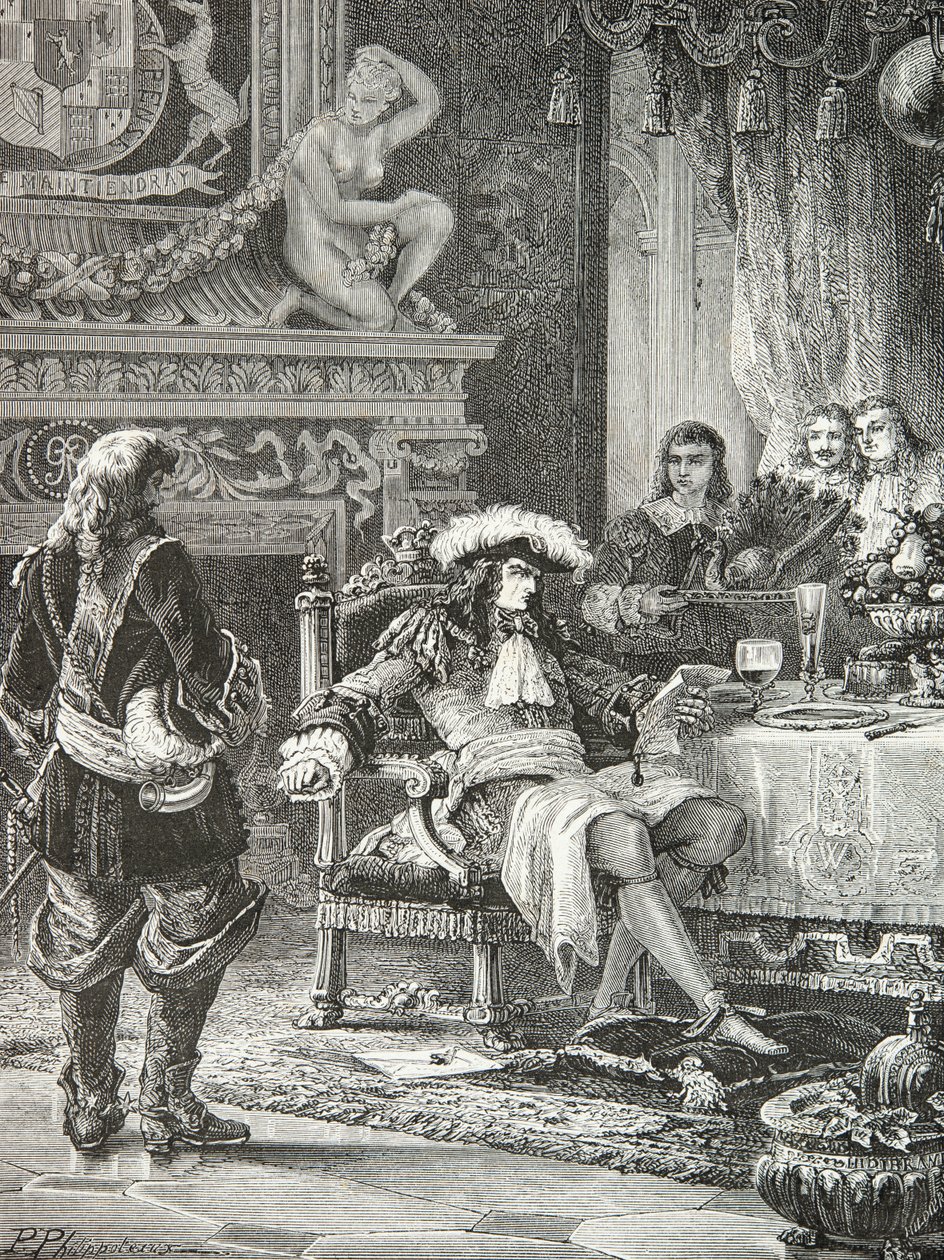 Willem 3 van Oranje Nassau verneemt van de erkenning van koning James 3 van Engeland door Lodewijk 14 (gravure) door Alphonse Marie de Neuville