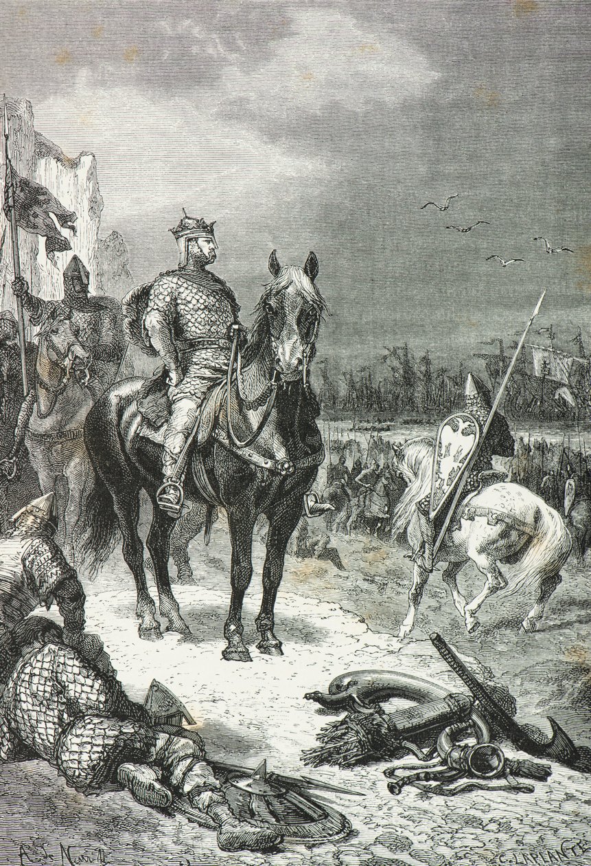 Willem de Veroveraar landt bij Pevensey in 1066 (gravure) door Alphonse Marie de Neuville