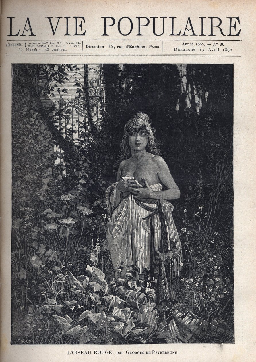 Een naakte jonge vrouw, staand en met los haar, bedekt haar lichaam met een deken, omringd door vegetatie en bomen die een smeedijzeren hek maskeren. Illustratie door Alfons Maria Mucha door Alphonse Mucha