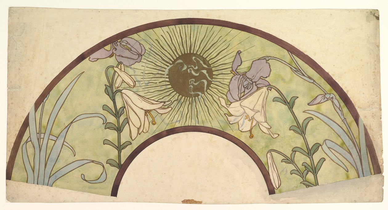 Ontwerp voor een waaier met zonnestralen, lelies en irissen, eind 19e - midden 20e eeuw door Alphonse Mucha