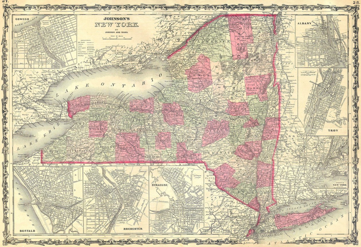 Johnsons kaart van de staat New York door Alvin Jewett Johnson
