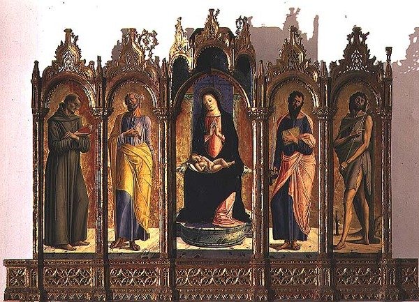 Polyptiek met (centraal paneel) Madonna en Kind op de troon; St. Dominicus en St. Petrus (linkerpanelen); St. Paulus en St. Johannes de Doper (rechterpanelen) door Alvise Vivarini