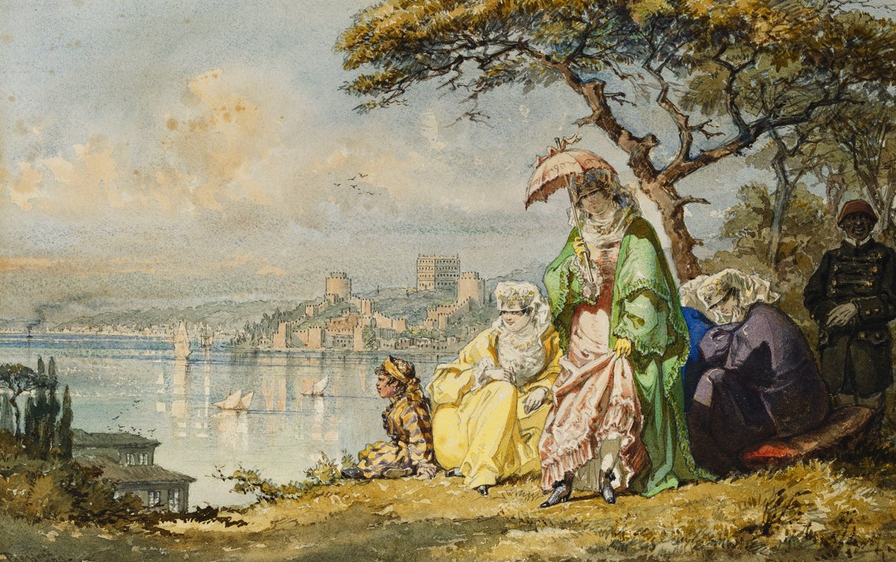 Dames op de Bosporus met Rumeli Hisar op de Achtergrond, 1873 door Amadeo Preziosi