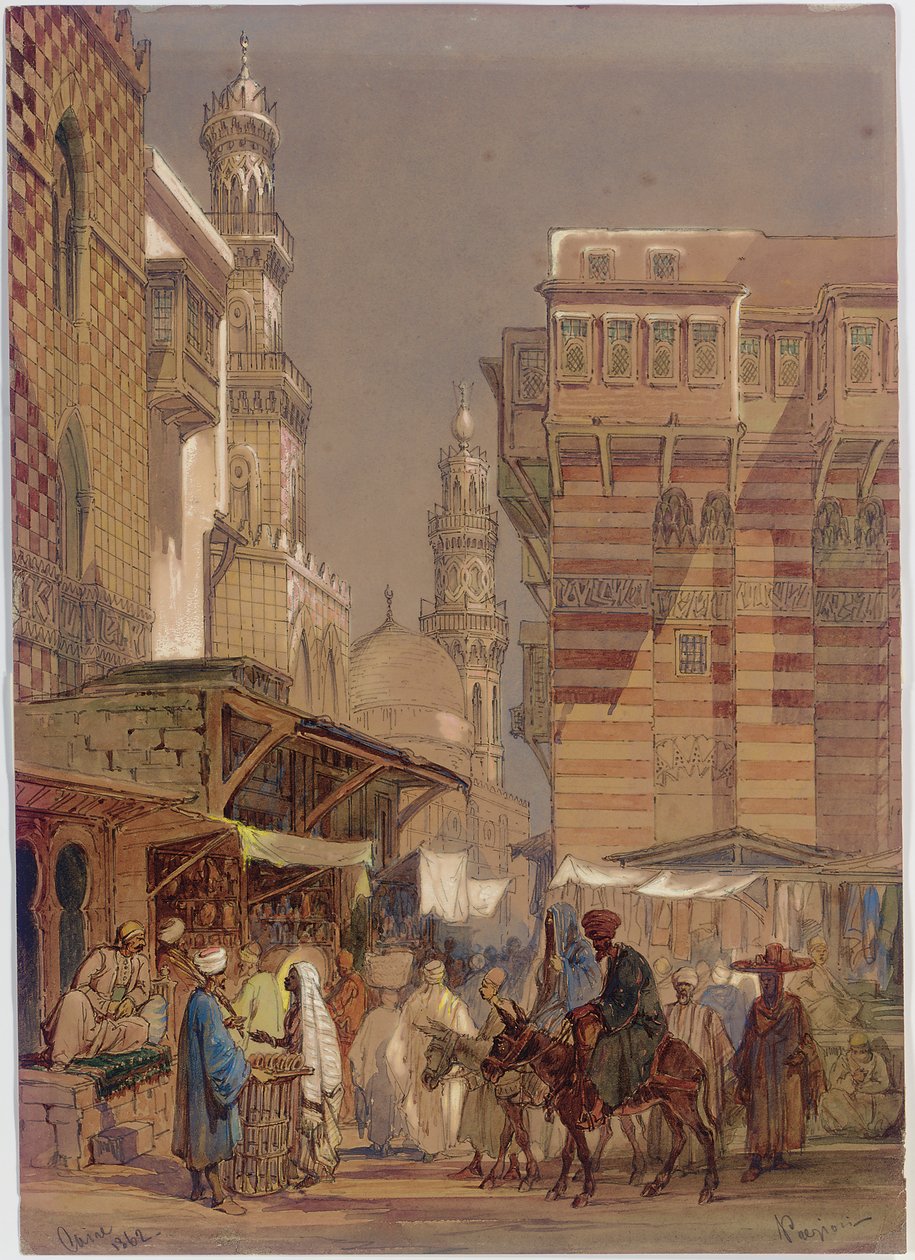 Marktdag op de Muizz id-Din li-Lah, oud Caïro, 1862 door Amadeo Preziosi