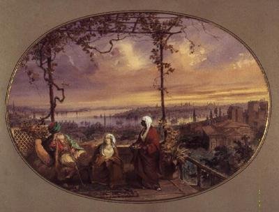 Uitzicht vanaf het terras van een huis in Galata, met een Turk, zijn vrouw en bediende die naar de monding van de Gouden Hoorn en de Bosporus kijken door Amadeo Preziosi