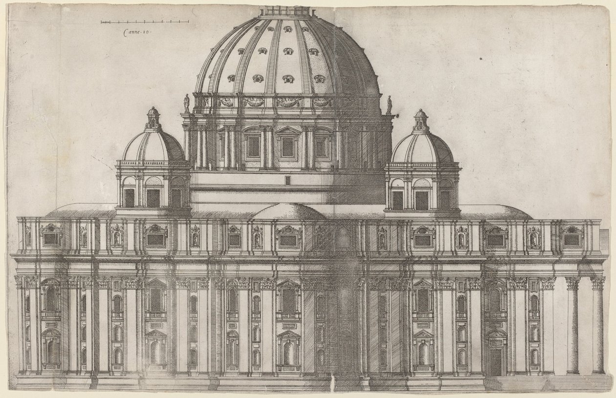 Lengtedoorsnede van Sint-Pieter, Rome door Ambrogio Brambilla, after Michelangelo
