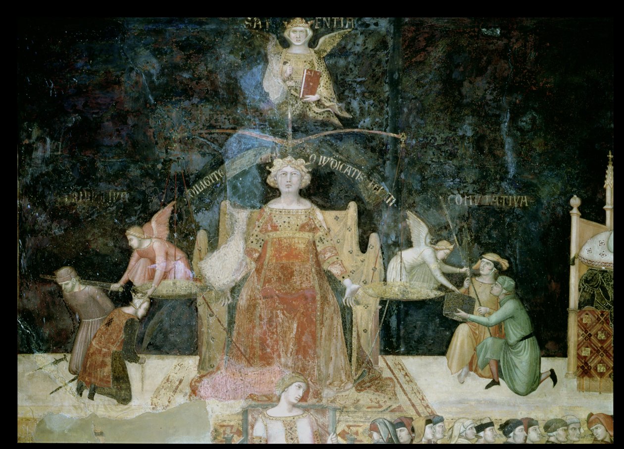 Allegorie van Goed Bestuur, detail van Gerechtigheid geïnspireerd door Wijsheid, 1338-40 door Ambrogio Lorenzetti