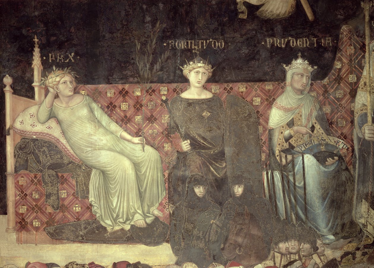 Allegorie van Goed Bestuur, detail van Vrede, Standvastigheid en Voorzichtigheid, 1338-40 door Ambrogio Lorenzetti