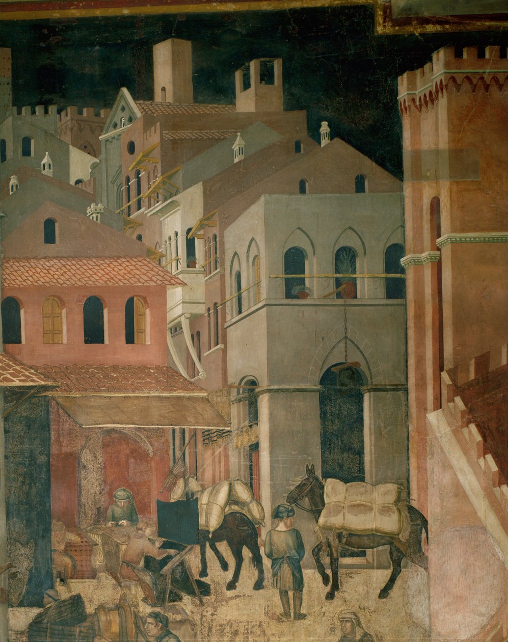 Gebouwen in de stad (muurschildering) door Ambrogio Lorenzetti