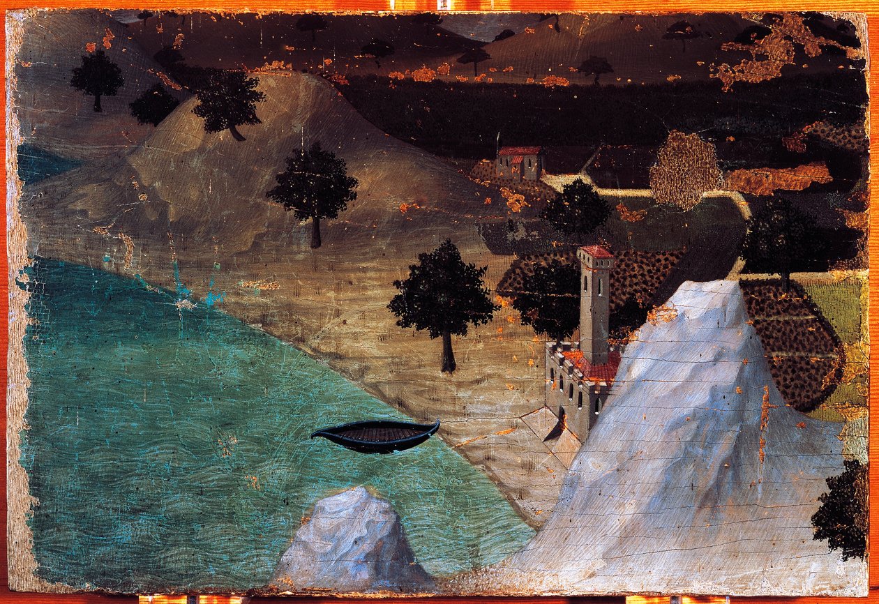 Kasteel bij het meer, door Ambrogio Lorenzetti, schilderij op hout door Ambrogio Lorenzetti