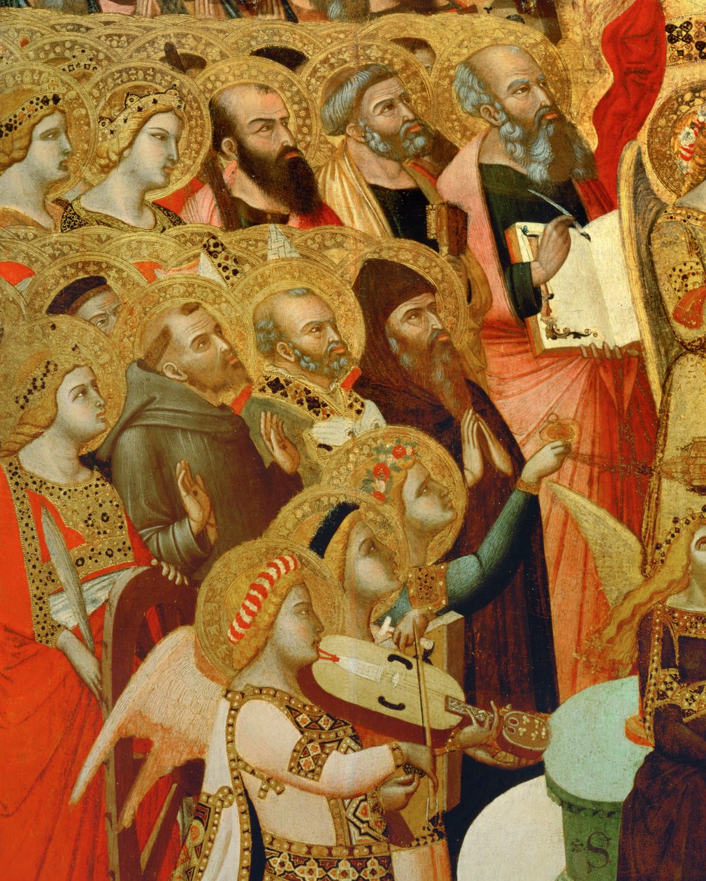 Detail van een altaar: Heiligen en engelen aanbidden Christus ... door Ambrogio Lorenzetti