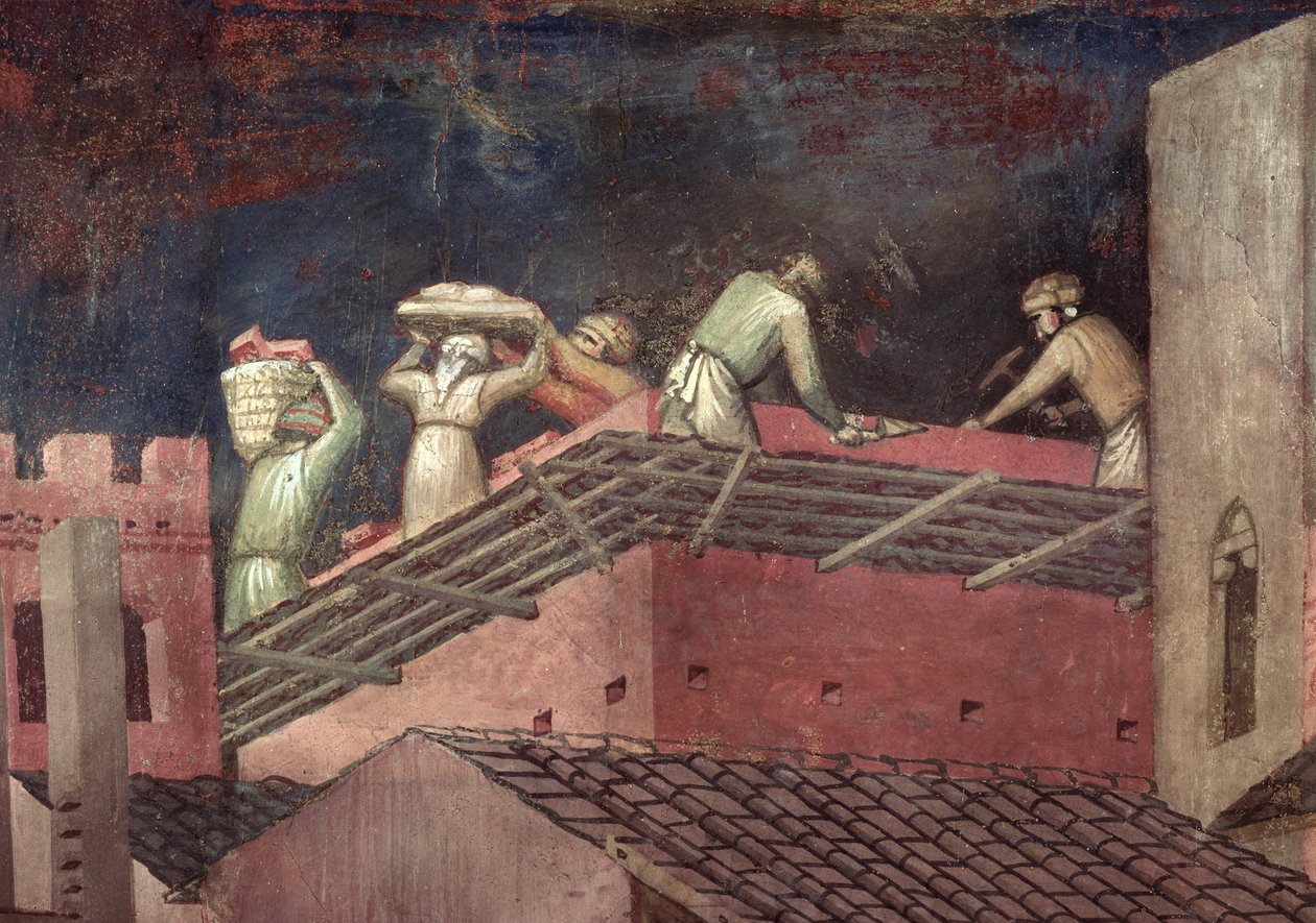 Effecten van Goed Bestuur in de Stad, detail (bouwvakkers die een huis bouwen) door Ambrogio Lorenzetti