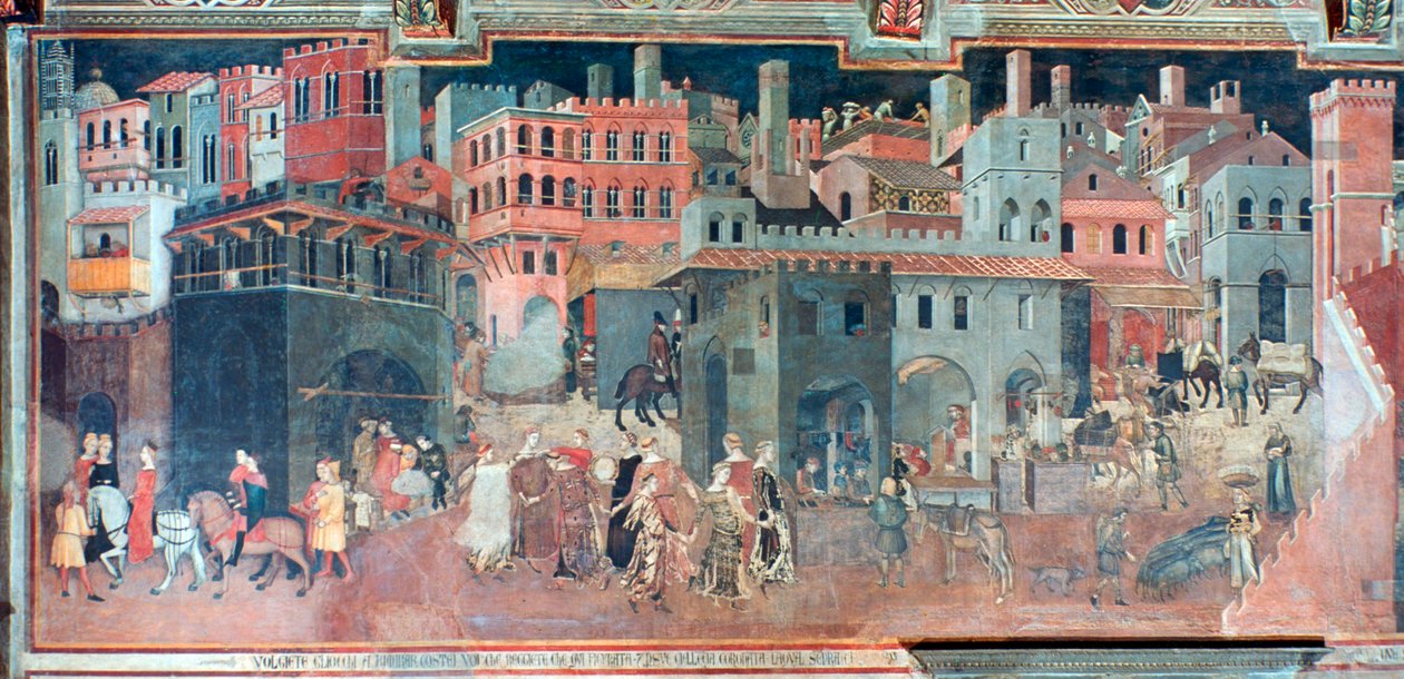 Effecten van goed bestuur op het stadsleven, detail, ca. 1330 door Ambrogio Lorenzetti