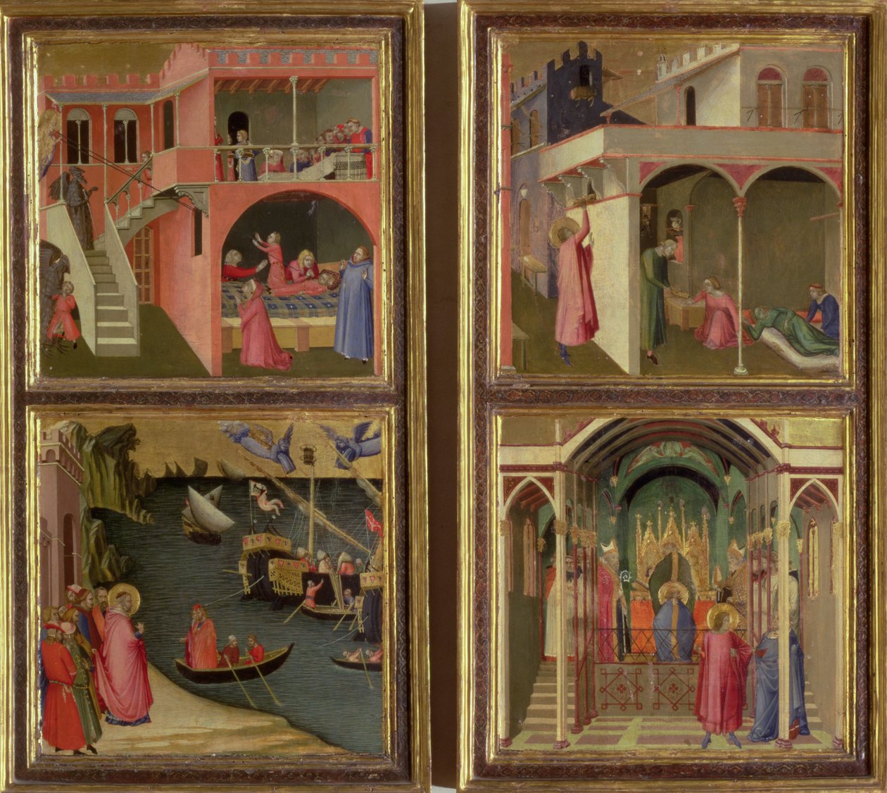 Vier Scènes uit het Leven van St. Nicolaas: St. Nicolaas geeft drie meisjes hun bruidsschat; St. Nicolaas gekozen tot Bisschop van Mira; Een jongen die door de Duivel werd gewurgd weer tot leven brengen; Mira bevrijden van hongersnood door Ambrogio Lorenzetti