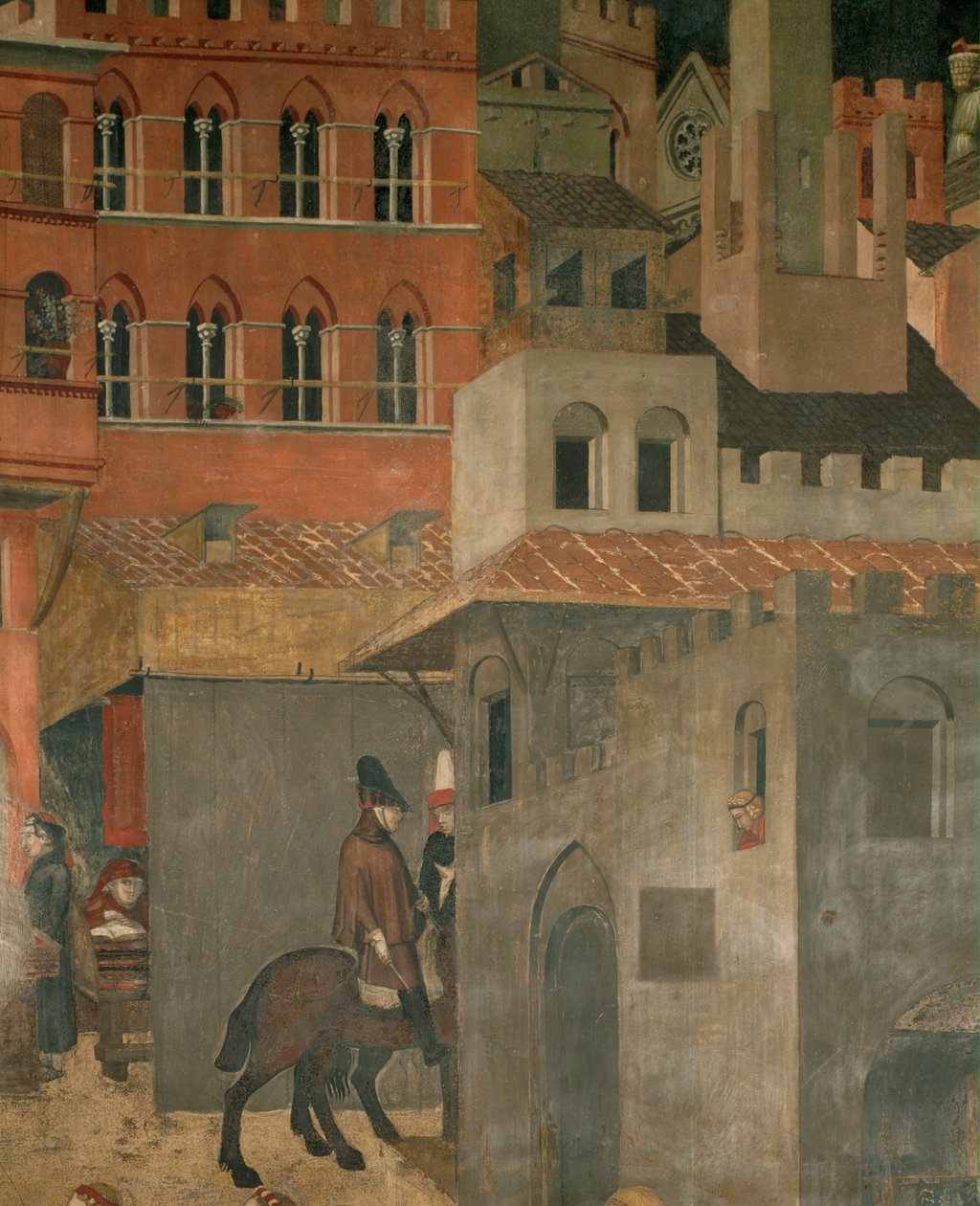 Huizen en ruiters (muurschildering) door Ambrogio Lorenzetti