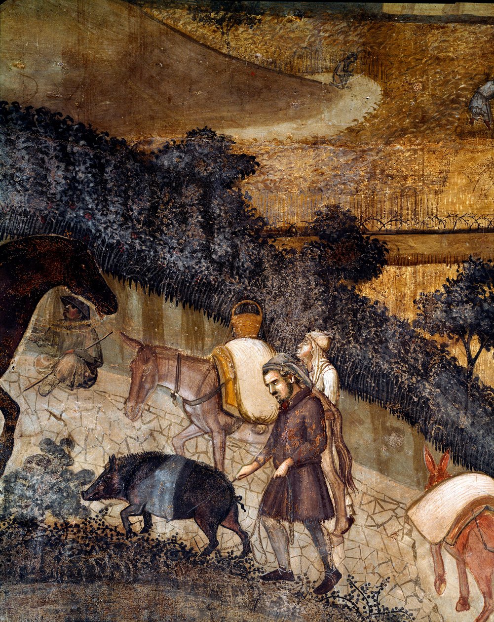 Boeren ploegen de velden. Detail van De effecten van goed en slecht bestuur op de stad en het platteland door Ambrogio Lorenzetti