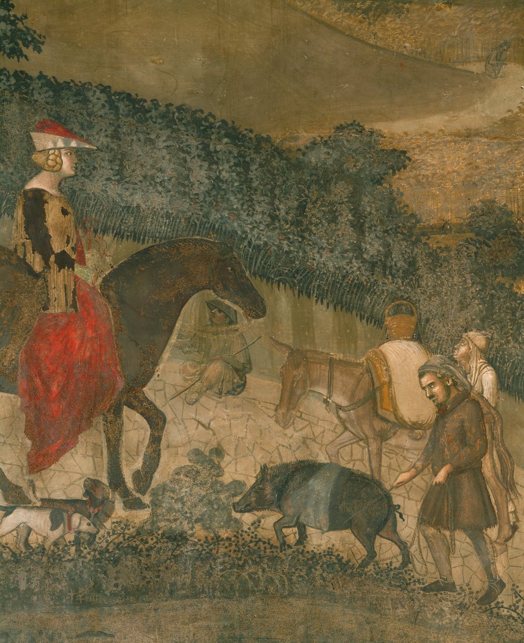 Boeren met een zwart varken en een ezel (fresco) door Ambrogio Lorenzetti