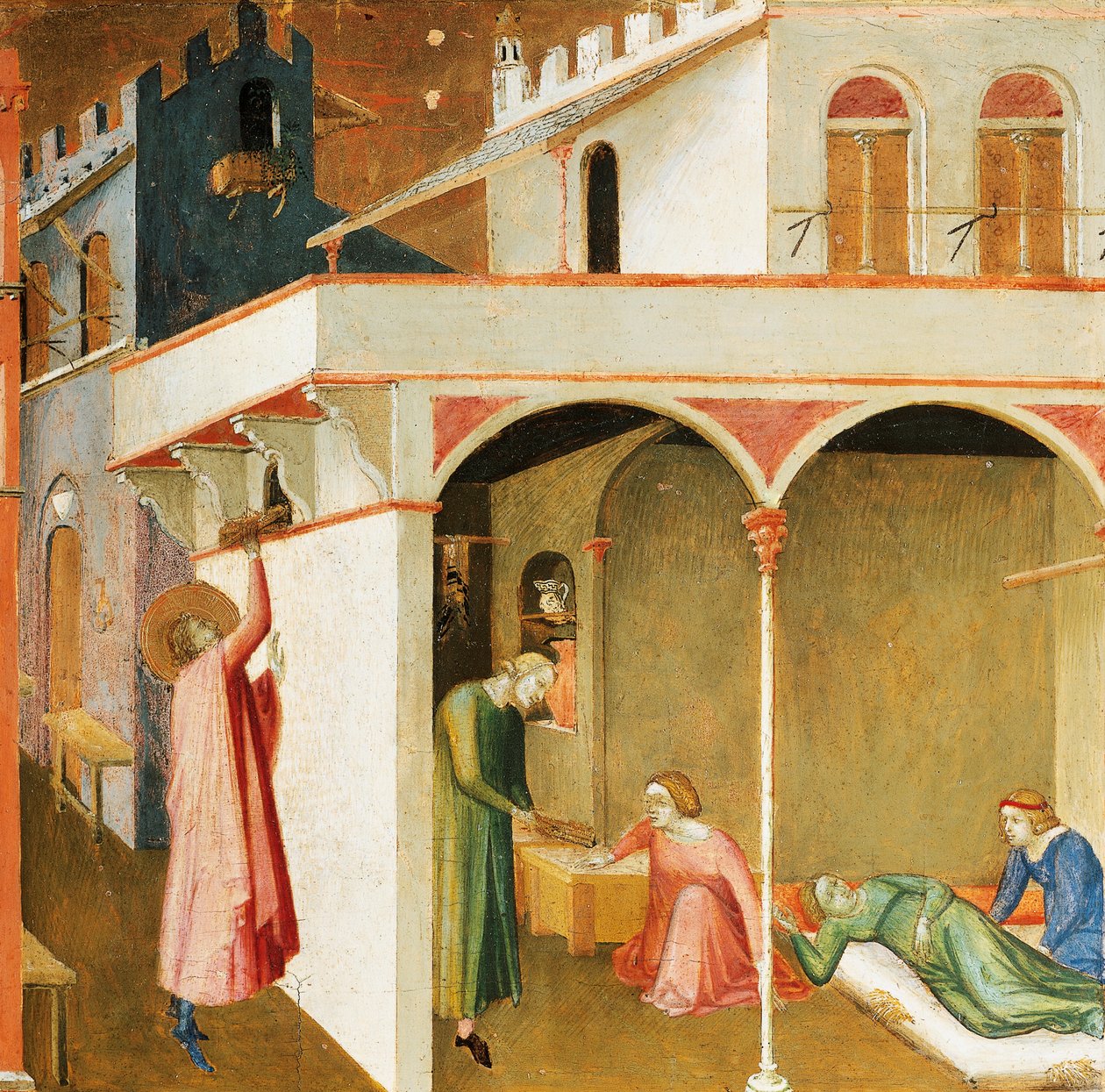 St. Nicolaas biedt drie arme meisjes hun bruidsschat aan, (detail) door Ambrogio Lorenzetti