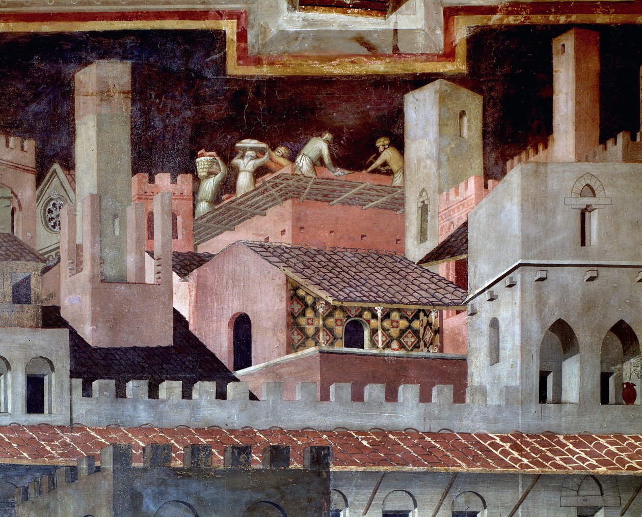 De effecten van goed en slecht bestuur op de stad en het land (detail) door Ambrogio Lorenzetti