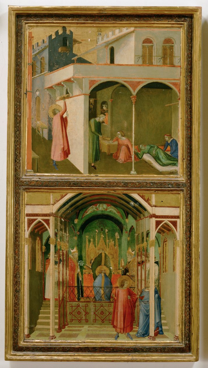 Twee legenden van Sint Nicolaas van Myra: De heilige zorgt voor een ... (tempera op hout) door Ambrogio Lorenzetti