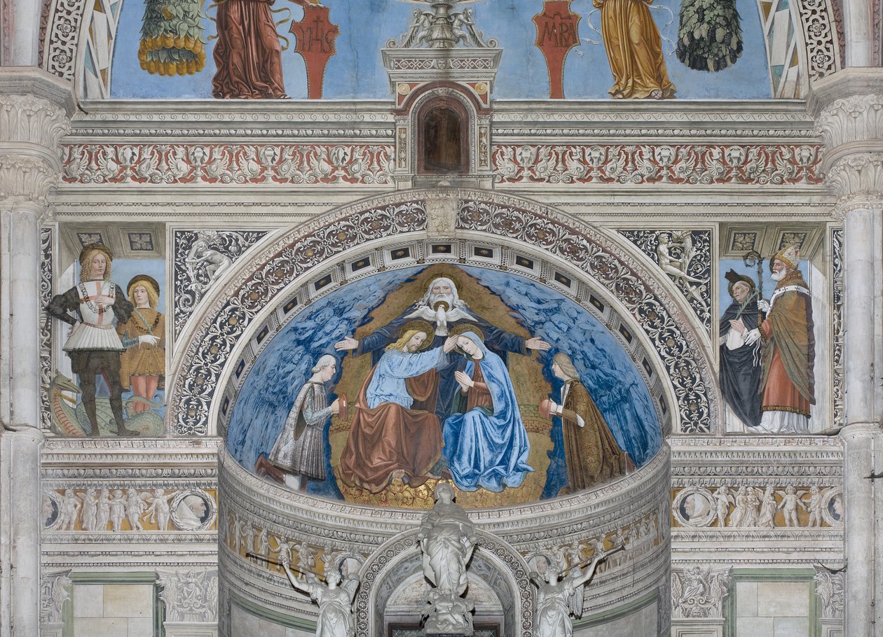 Kroning van de Maagd Maria met God en de Heilige Geest tussen Francesco en Ludovico Sforza door Ambrogio da Fossano