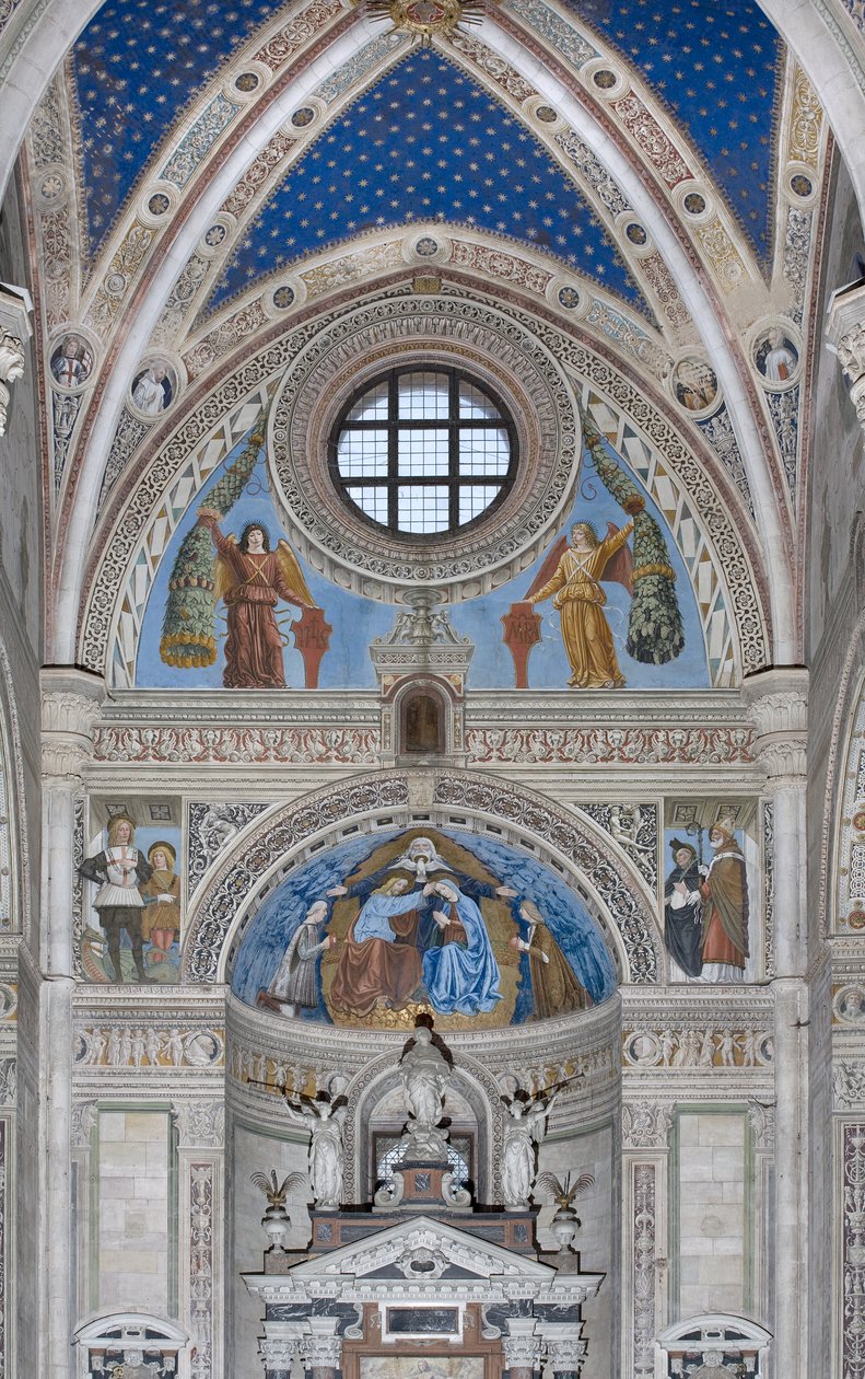 Kroning van de Maagd Maria met God en de Heilige Geest tussen Francesco en Ludovico Sforza door Ambrogio da Fossano