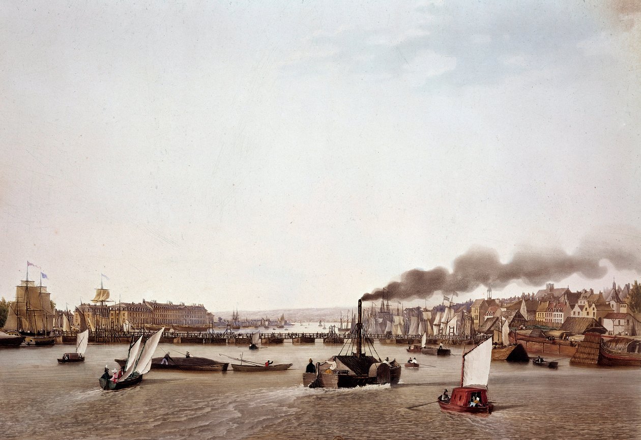 Uitzicht op rivierverkeer op de Seine naar Rouen door Ambroise Louis Garneray
