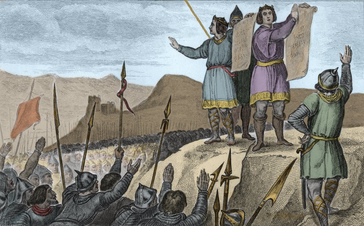 Karel II (823-77) de Kale en zijn broer Lodewijk de Duitser sluiten een verdrag in Straatsburg in 842 - Eed van Straatsburg uitgesproken door Karel II de Kale (823-877), Koning van Frankrijk en Keizer van het Westen, en Lodewijk de Duitser, 14 februari 842 door Ambroise Tardieu