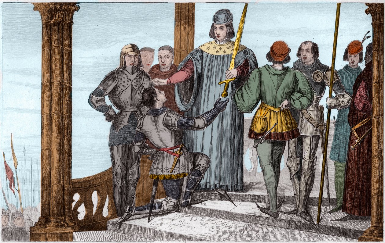Karel V (1358-80) de Wijze presenteert zijn zwaard aan Duguesdin - Gravure 1825 in 