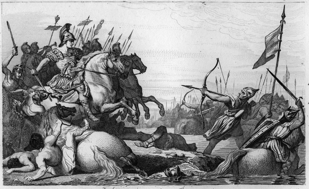 Clodion, de Harige (ca. 428-47) trekt zich terug over de brug na zijn nederlaag door Aetius - Clodion genaamd 